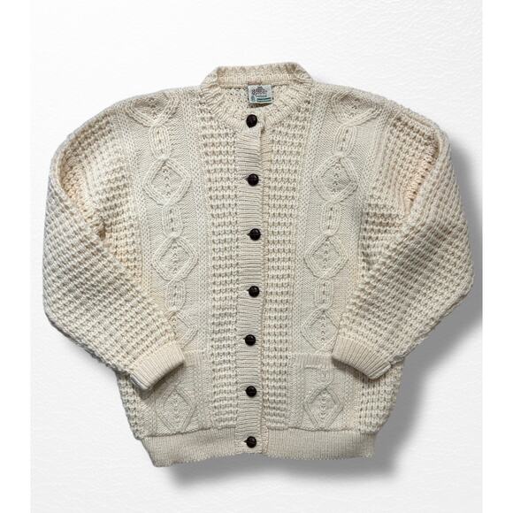 Vintage Hand Loomed Fisherman’s Cardigan Sweater, Size L - Picture 3 of 12